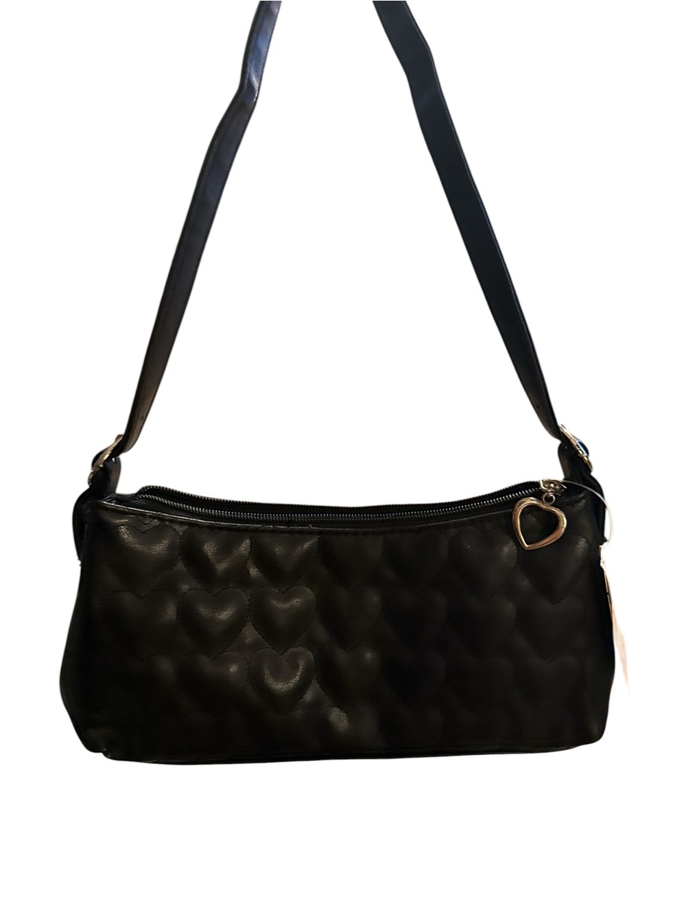 Black Heart-Quilted Shoulder Bag with Heart Charm Accent